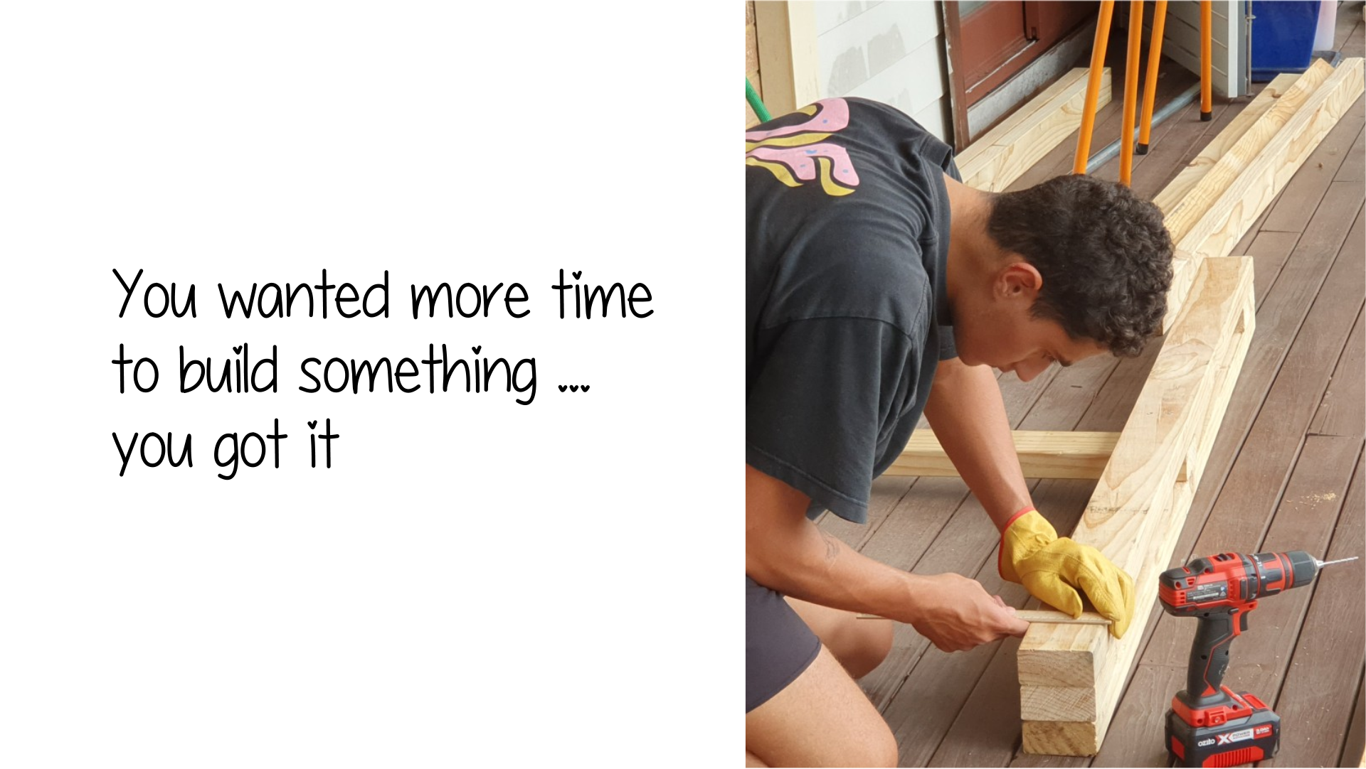 Young man measuring wood