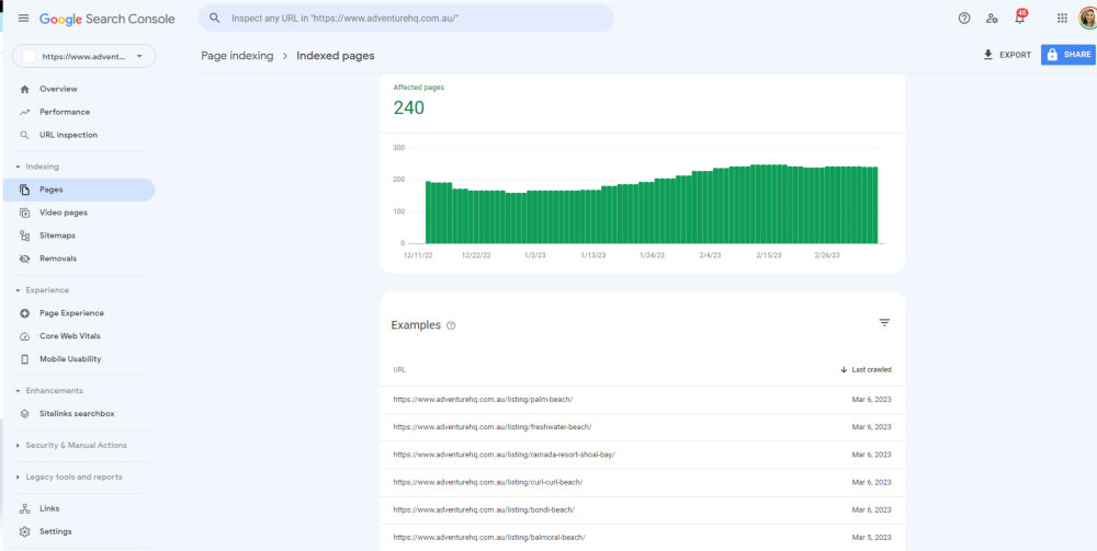 Google Search Console Listing of all website pages