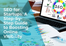 Desk and laptop showing a screen that says SEO for startups