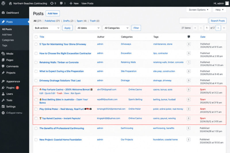 Spam and gambling page examples